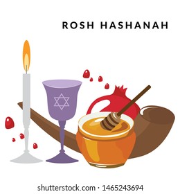 Set of traditional jewish kosher food for Rosh Hashanah holiday. Vector isolated illustration for greeting banner, card, poster. - Vector