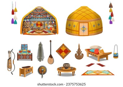 Set of a traditional Kazakh yurt house inside, aul. Interior of a yurt with a bed, table, wardrobe, wash basin, dombra, wolf skin. Cozy interior in cartoon style.