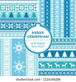 Set of traditional knitted Christmas patterns in white and blue