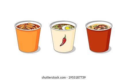 A set of traditional Korean dishes in instant takeaway cups - tteokbokki, ramen, spicy shrimp soup. Popular asian food in flat cartoon style on isolated white background for icons, logos, menus