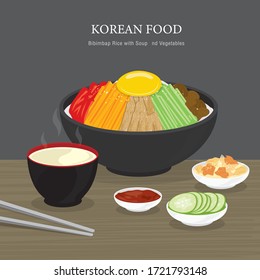 Set Of Traditional Korean Food, Bibimbap Rice With Soup And Vegetables Salad. Cartoon Vector Illustration