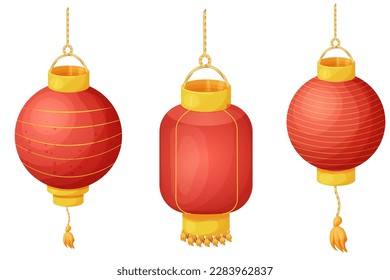 Set traditional lantern, hanging lamp, Japanese street light decorated with gold elements and tassel in cartoon style isolated on white background