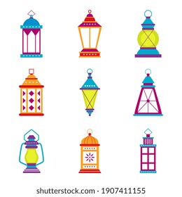 Set of traditional lanterns and oriental decoration of islamic culture. Ramadan Kareem, Happy Eid Mubarak. Muslim holiday celebration. Vector illustration design isolated on white background