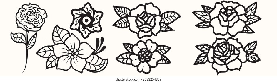 Set of Traditional Line flower surreal illustration, badges, print for t-shirt.