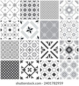 Set of traditional Lisbon Portugal ceramic tiles vector patterns. Tile grey, black and white pattern collection or seamless background wallpaper