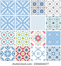 Set of traditional Lisbon Portugal ceramic tiles patterns. Tile colorful vector pattern collection or seamless background wallpaper