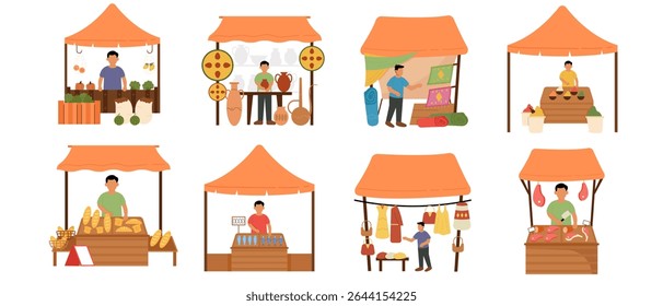 Set of traditional market stall illustrations with sellers and products