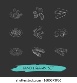 Set of traditional meal icons line style symbols with spaghetti bolognese, caprese, riccioli pasta shape and other icons for your web mobile app logo design.