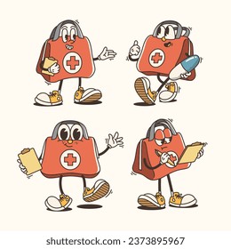 Set of Traditional Medical Bag Cartoon Illustration with Varied Poses and Expressions