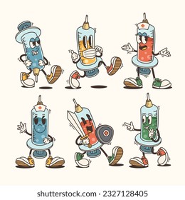 Set of Traditional Medical Syringe Cartoon Illustration with Varied Poses and Expressions