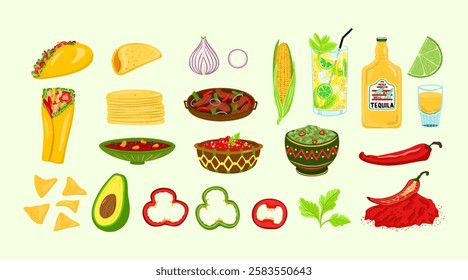 Set of Traditional Mexican cuisine food on a green banner. National Mexico dish with meat, hot peppers, avocado, spices, tacos, burritos and tequila. Native food Cinco de mayo. Cartoon vector illustra