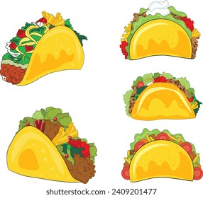 Set Of Traditional Mexican fast-food. Colorful illustration of Mexican Tacos. Vector illustration