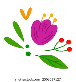 A set of traditional Mexican flowers, leaves, berries stylized. Ornate folk graphics, wallpaper element. A festive Mexican floral motif. The vector illustration is isolated. Isolated natural elements