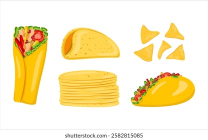 Set of traditional Mexican food - burrito, taco, nachos, tortilla, chips. Corn tortillas set. Fast food meal. Cute cartoon style, isolated on white background.