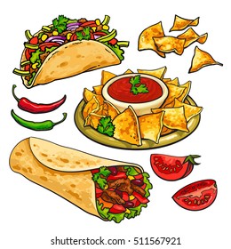 Set of traditional Mexican food - burrito, taco, nachos and chili salsa sauce, sketch style vector illustration on white background. Hand drawn Mexican burrito, taco, nachos and salsa sauce