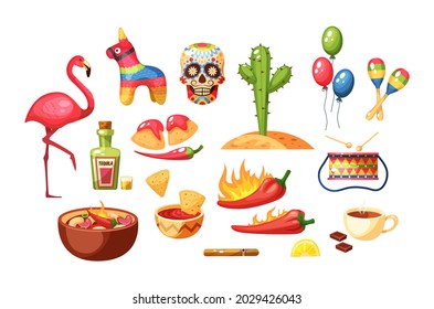 Set of traditional Mexican food with Cinco de Mayo celebration. Mexico holiday with pinata, spicy dish, cactus and tequila. National elements of greeting Hispanic festival with sugar skull flat vector