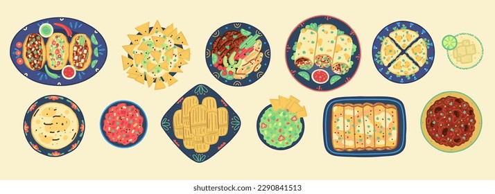 Set of traditional mexican food. Mexican cuisine. Tacos, tortilla, quesadilla, fajitas, nachos, burrito, tomales, guacamole, salsa, margarita, chili con carne and enchiladas. Vector illustration