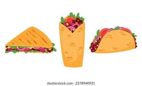 Set of traditional Mexican food illustrations: quesadilla, burrito, and tacos. Tasty tex-mex meals in cartoon style, perfect for restaurant menus, food blogs, culinary presentations, and recipe design