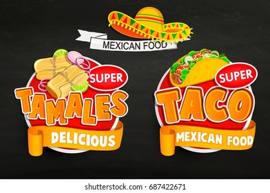 Set of traditional Mexican food logo, emblems, food label or sticker. Tamales, Taco logo, sticker, traditional product design for shops, markets.Vector illustration.