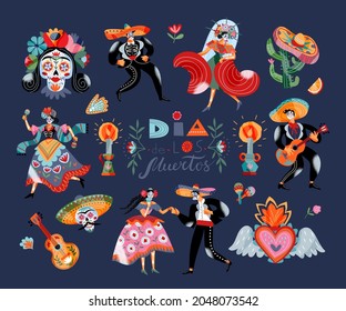 Set of traditional Mexican holiday Day of The Dead decoration vector flat illustration. Festive skulls, Catrina's face, candle, maracas, guitar, cactus and sombrero with inscription Dia de los muertos