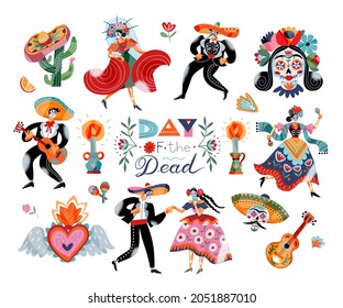 Set of traditional Mexican holiday Day of The Dead decoration vector flat illustration. Festive skulls, Catrina's face, candle, maracas, guitar, cactus and sombrero with inscription Dia de los muertos