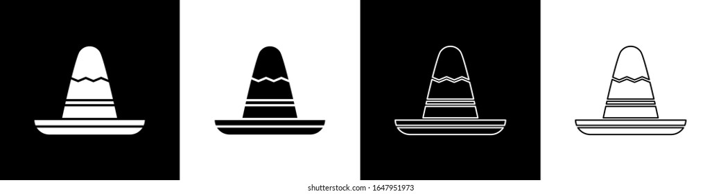 Set Traditional mexican sombrero hat icon isolated on black and white background.  Vector Illustration