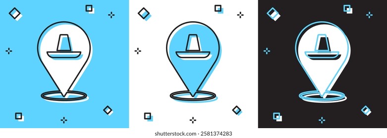 Set Traditional mexican sombrero hat icon isolated on blue and white, black background.  Vector