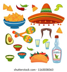 Set of traditional Mexican symbols. Collection of colorful icons, flat cartoon style, isolated cliparts. Funny stickers. Vector illustration on white background. National food.