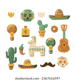 set with traditional Mexican symbols of holiday skull, pinata, sombrero and tequila. Hand drawn elements collectionisolated on white background. Vector illustration
