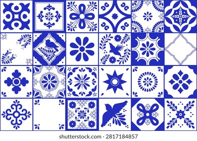 Set of traditional mexican talavera tile patterns. Blue and white ceramic art from Puebla. 