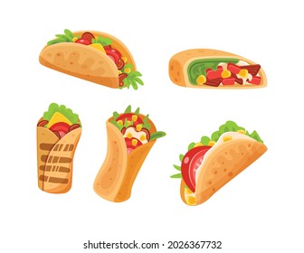 Set of traditional Mexican wrapped fast food fajita, burritos and tacos. National Mexico spicy dish with meat, vegetables, cheese rolled in lozenge. Tasty sandwich menu fresh ingredient cartoon vector