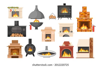 Set of Traditional and Modern Fireplaces, Indoor Heating Stoves, Chimneys with Burning Fire and Logs. Home Fireside, Heating System Design Isolated on White Background. Cartoon Vector Illustration