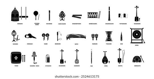 set tradicional instrumento musical japão logotipo ilustração, silhueta é adequado para lojas de música e comunidades	
