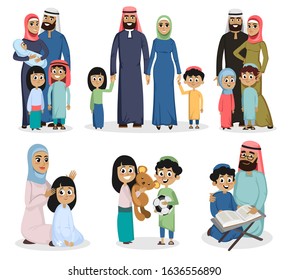 Set of traditional muslim families on white background vector illustration. People in national clothing flat style design. Father mother and children involved in different activities.