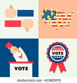Set of traditional national elements for USA election 2016. Map of America with online geo tags, national flag and ribbon sign, hands with voting box. Fully vector illustration. Very easy to edit. 