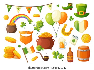 Set of traditional objects associated with Ireland. Saint Patrick's Day vector holiday design element.