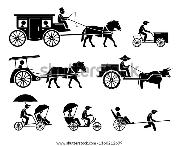 Set of\
traditional, old, and ancient ground transportations. Pictograms\
depict dokar, dogcart, horse carriage car, cargo bicycle, bullock\
cart, trishaw, rickshaw, and horse drawn\
vehicle.