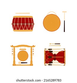 Set of traditional old Korean musical instruments - kkwaenggwari, janggu, jing gong and Korean drum. Vector illustration in flat style isolated on white background