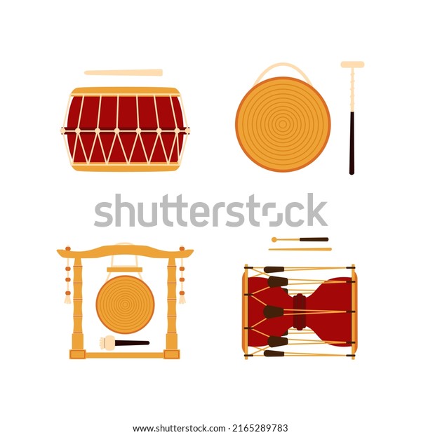 Set of traditional old\
Korean musical instruments - kkwaenggwari, janggu, jing gong and\
Korean drum. Vector illustration in flat style isolated on white\
background