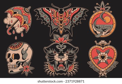 Juego de tatuajes tradicionales de la vieja escuela. Colección de paraguas, mariposa, tiburón, flor de cráneo, pantera negra, amor en vectores Ilustración