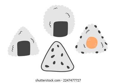 Set of traditional onigiri isolated on white background. Sushi set icons in doodle flat style. Vector illustration, clip art. Asian food collection.