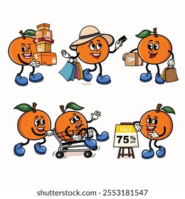 Set of Traditional Orange Cartoon Illustration with Varied Poses and happy shopping