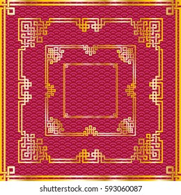 Set of traditional oriental chinese golden square frames on pattern red background for decoration. Vector illustration, layers are isolated