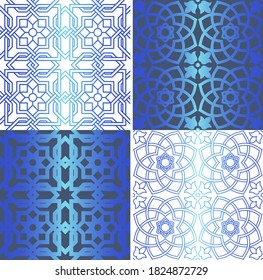 Set of traditional oriental geometrical seamless patterns.  Decorative blue backgrounds. Vector illustration.