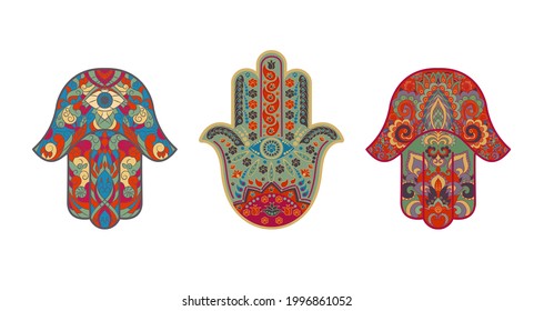 conjunto de símbolos religiosos tradicionales orientales o indios sagrados-amulets-Hamsa, mano de Miriam, palma de David, Hanukkah con adornos. Ilustración del vector aislada en fondo blanco