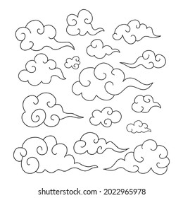 Set of traditional oriental swirled clouds in black outline isolated on white background. Clip art elements for greeting card, banner design for Chinese New Year, Mid Autumn, Lantern, Spring festival