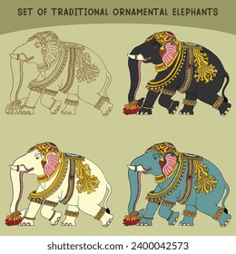 Set of Traditional Ornamental Elephant Design in different color and line art