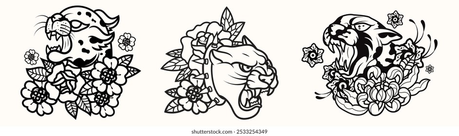 Set of Traditional panther tattoo vintage and flower illustration surreal illustration, badges, print for t-shirt.