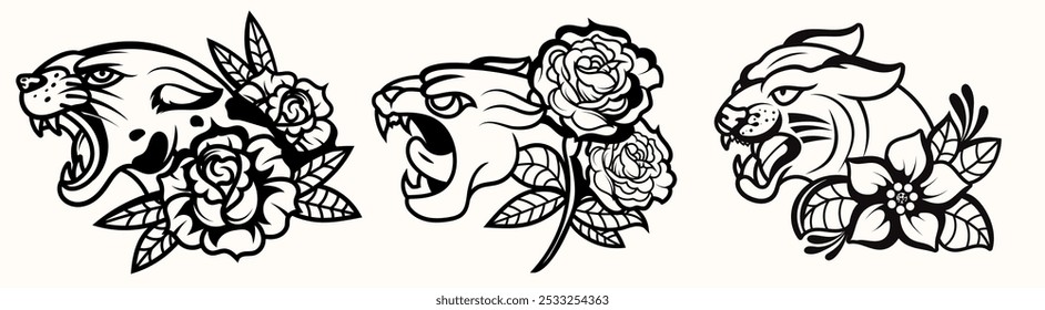 Set of Traditional panther tattoo vintage and flower illustration surreal illustration, badges, print for t-shirt.