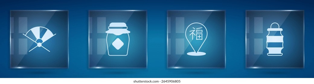 Set Traditional paper fan, Jar of honey, Chinese New Year and lantern. Square glass panels. Vector